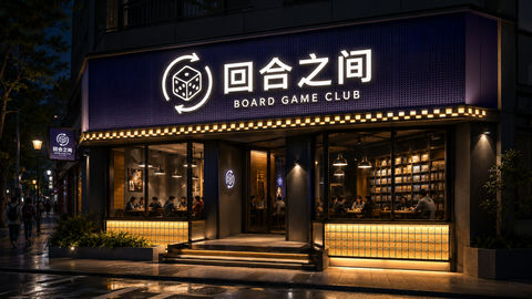 深紫蓝与暖黄交织的回合之间桌游店门头设计 - AI图片提示词示例