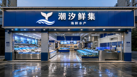 潮汐鲜集现代简约海鲜店门头设计 - AI图片提示词示例