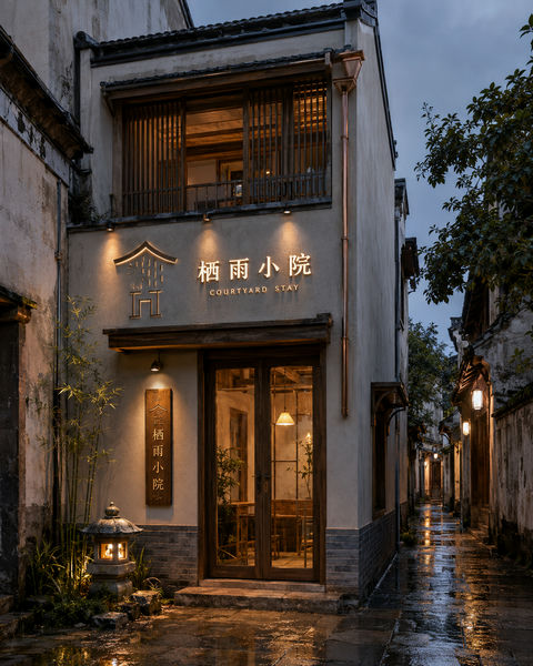 栖雨小院：历史街区里的当代东方极简民宿门头 - AI图片提示词示例