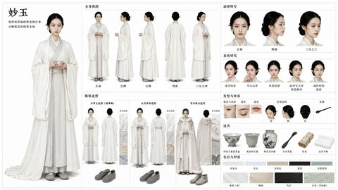 红楼梦妙玉影视短剧角色资产设定板 - AI图片提示词示例