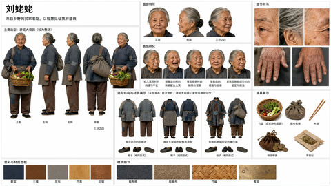 红楼梦刘姥姥影视级人物资产设定板 - AI图片提示词示例