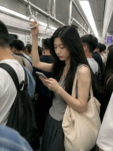 亚洲女性早高峰地铁通勤手机抓拍 - AI图片提示词示例