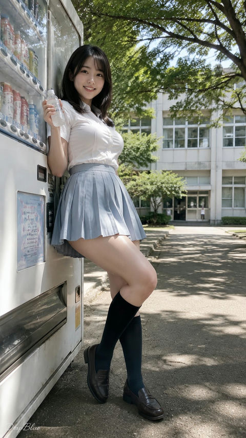 日本青春纪实摄影自动售货机前的少女 - AI图片提示词示例