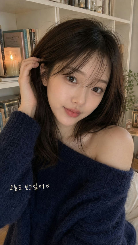 唯美韩系卧室少女生活感自拍 - AI图片提示词示例