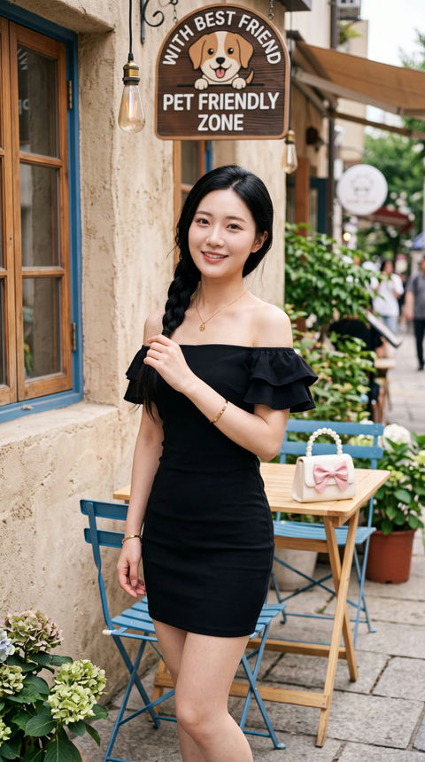 户外咖啡厅黑裙侧辫东亚女性人像 - AI图片提示词示例