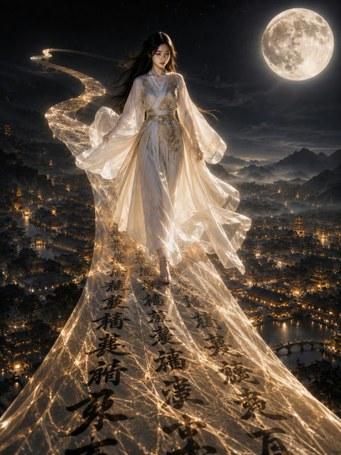 史诗写实古装女神漫步透明丝绸书法古城 - AI图片提示词示例