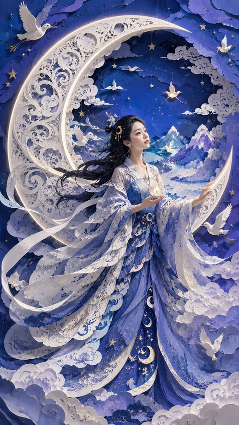 现代东方女性月亮梦境立体纸雕艺术海报 - AI图片提示词示例