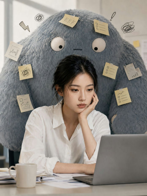 职场女性与焦虑怪兽创意摄影 - AI图片提示词示例