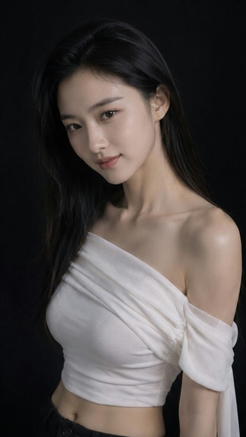 东亚女性黑背影棚电影感人像 - AI图片提示词示例