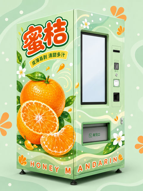 清新薄荷绿蜜桔主题自动售货机贴膜设计 - AI图片提示词示例