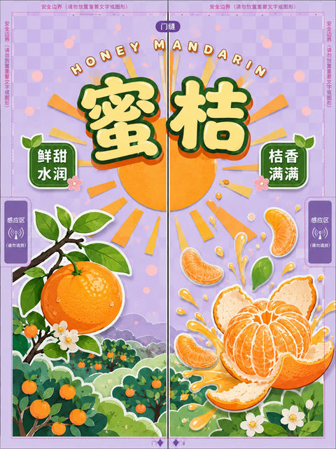 蜜桔主题可爱Q版剪纸风电梯门贴设计 - AI图片提示词示例