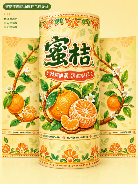 蜜桔主题商场圆柱包柱Q版剪纸矢量设计 - AI图片提示词示例