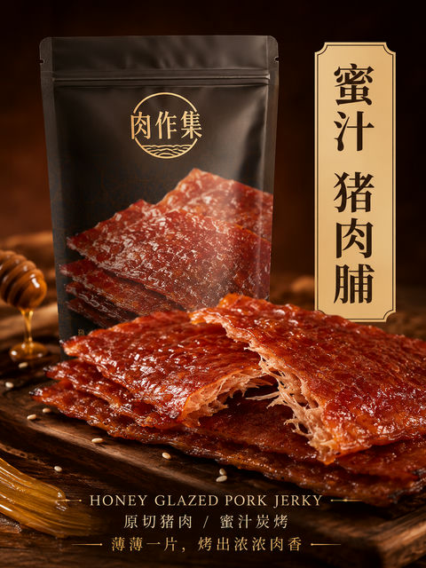 蜜汁猪肉脯高级商业摄影海报 - AI图片提示词示例