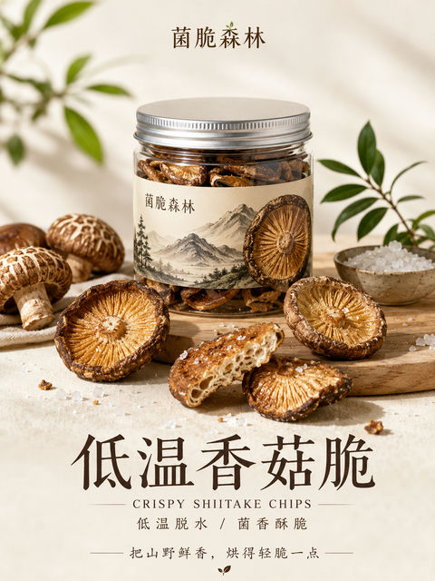 菌脆森林高端低温香菇脆商业摄影海报 - AI图片提示词示例