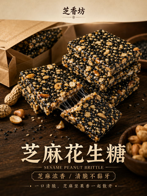 芝香坊高端传统黑芝麻花生糖商业摄影海报 - AI图片提示词示例