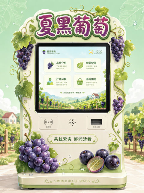 夏黑葡萄主题清新薄荷绿互动查询机设计 - AI图片提示词示例