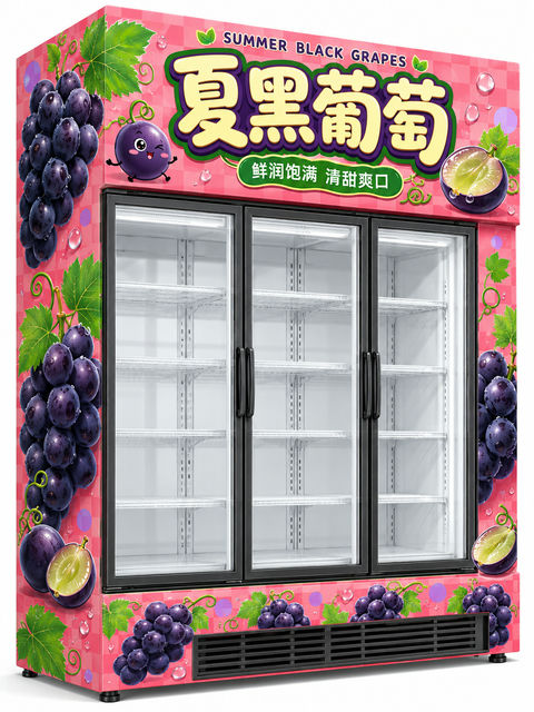夏黑葡萄主题冷藏展示柜Q版贴膜设计 - AI图片提示词示例