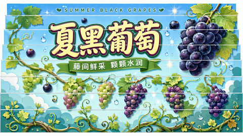 梦幻夏黑葡萄阶梯立体剪纸插画设计 - AI图片提示词示例