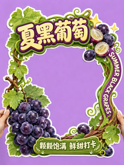 唯美夏黑葡萄Q版手持拍照框设计 - AI图片提示词示例