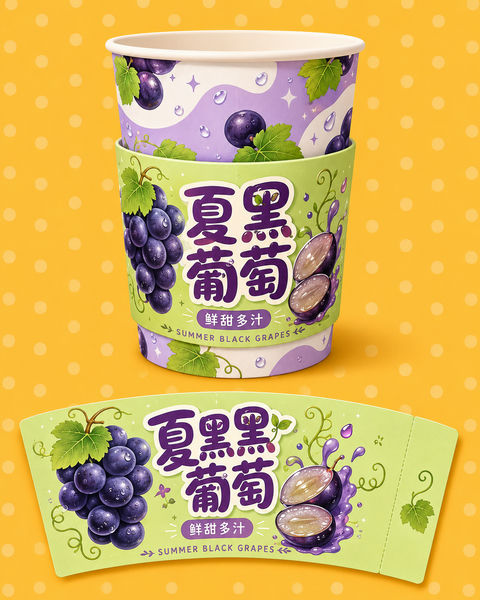 盛夏夏黑葡萄主题清新高饱和Q版包装设计 - AI图片提示词示例