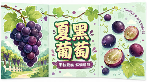 夏黑葡萄Q版矢量三折页画册设计 - AI图片提示词示例
