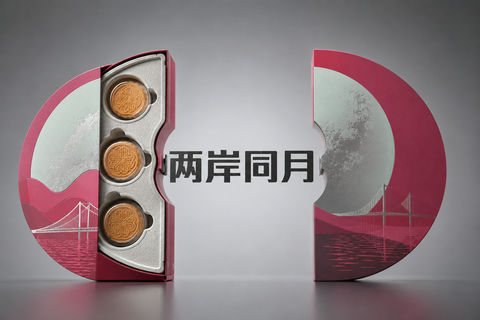 两岸同月：极简主义半月拼合礼盒设计 - AI图片提示词示例
