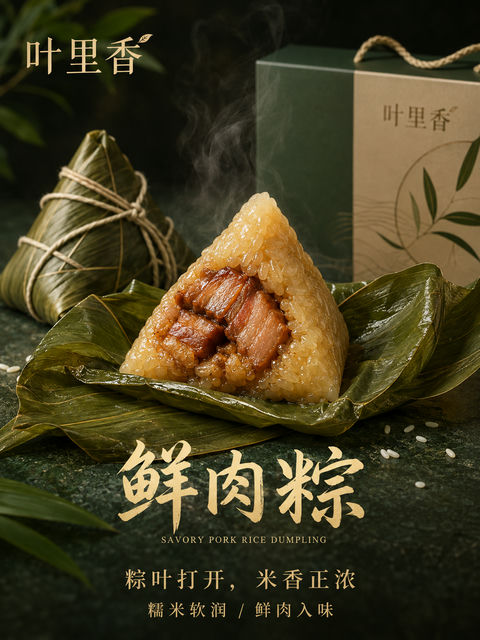 叶里香鲜肉粽高级感商业海报设计 - AI图片提示词示例