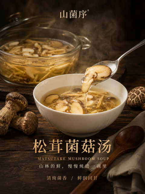高端写实松茸菌菇汤商业海报 - AI图片提示词示例
