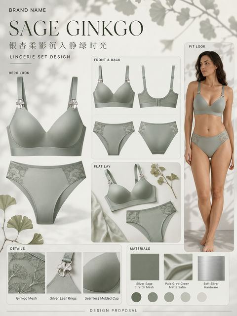 银杏系列鼠尾草绿静奢风内衣设计提案 - AI图片提示词示例