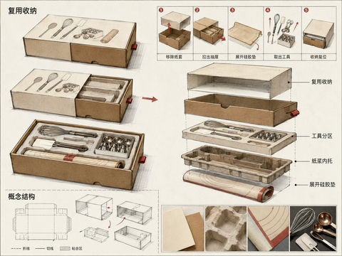 烘焙工具礼盒可持续包装设计手稿图 - AI图片提示词示例