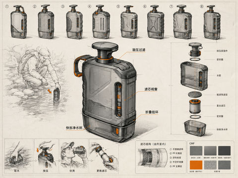 硬核工业风户外净水器概念设计手稿 - AI图片提示词示例