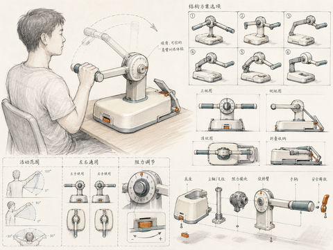 上肢康复训练器医疗产品设计手稿 - AI图片提示词示例