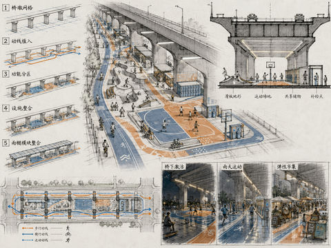 城市桥下运动驿站建筑概念设计手稿 - AI图片提示词示例
