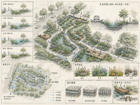 城市雨水花园生态海绵系统规划设计手稿 - AI图片提示词示例