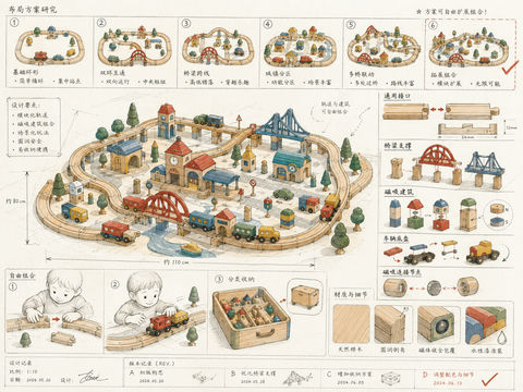 创意玩具设计师木质轨道城市套装手稿 - AI图片提示词示例