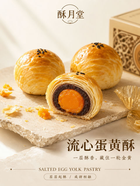 酥月堂流心蛋黄酥：层层起酥的味觉盛宴 - AI图片提示词示例