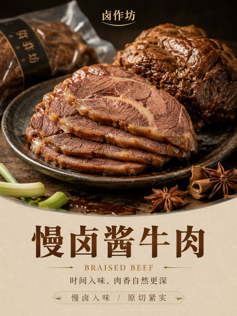 匠心慢卤酱牛肉高级写实海报 - AI图片提示词示例