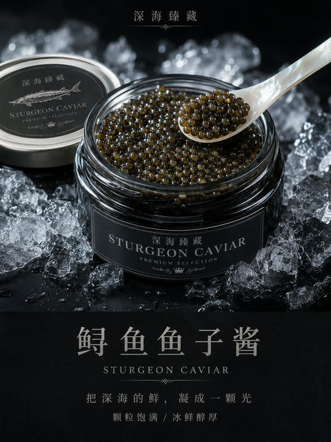 极尽奢华黑珍珠鲟鱼鱼子酱商业海报 - AI图片提示词示例