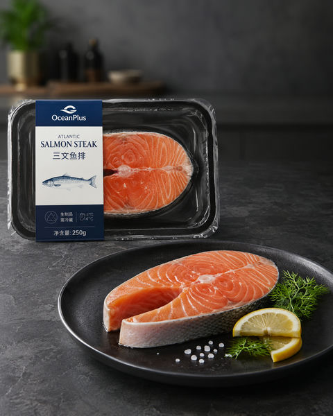 高端冷鲜三文鱼排电商产品摄影大片 - AI图片提示词示例