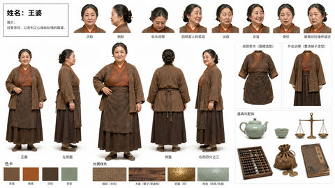 北宋市井媒婆王婆影视角色全方位设定板 - AI图片提示词示例