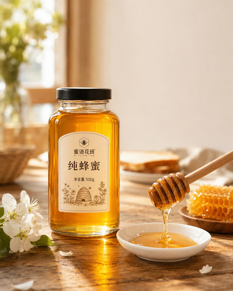 晨光木桌上的纯净蜂蜜商业摄影 - AI图片提示词示例