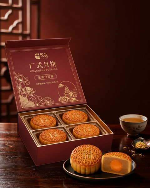东方韵味中秋佳节广式月饼礼盒摄影 - AI图片提示词示例