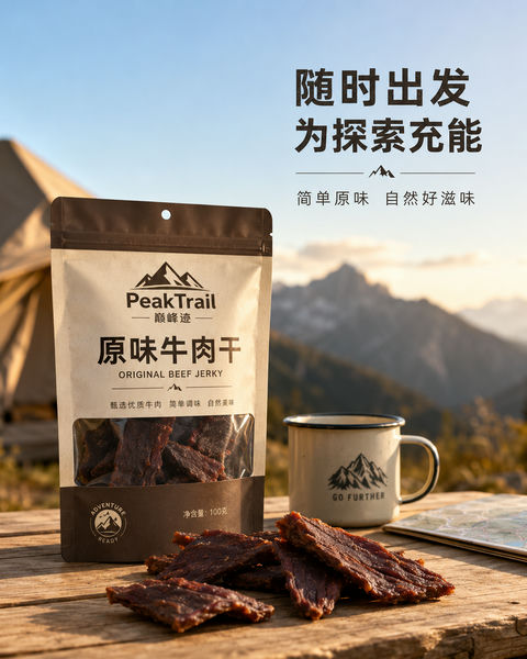 户外营地原味牛肉干电商摄影大片 - AI图片提示词示例