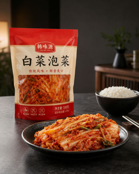 极简韩式泡菜电商摄影质感包装图 - AI图片提示词示例