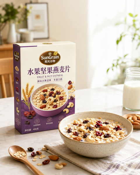 晨光清新燕麦片电商食品摄影构图 - AI图片提示词示例