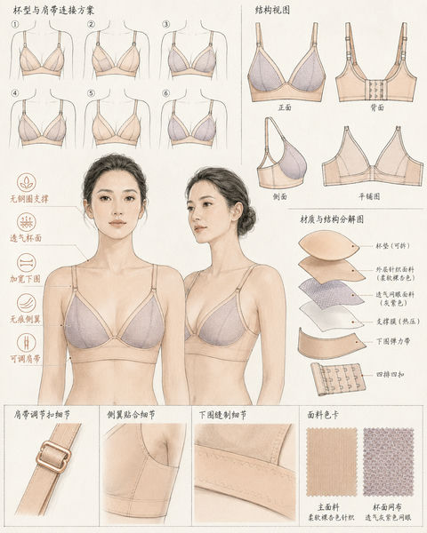 专业内衣设计师无钢圈通勤文胸开发手稿 - AI图片提示词示例
