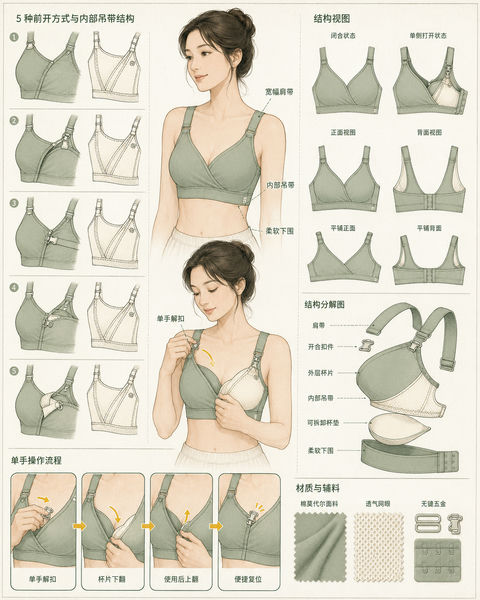 鼠尾草绿专业哺乳文胸结构设计手稿 - AI图片提示词示例