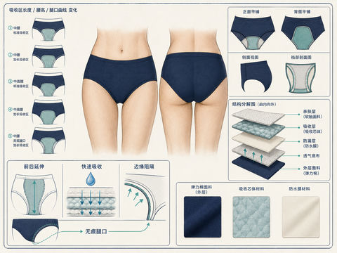 经期防漏内裤专业结构设计手稿 - AI图片提示词示例