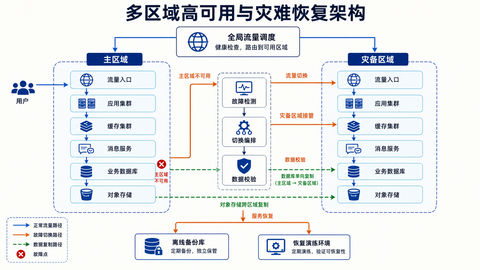 企业级多区域高可用与灾难恢复系统架构图 - AI图片提示词示例