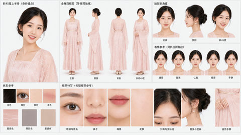 唯美汉服少女全方位角色设定参考图 - AI图片提示词示例